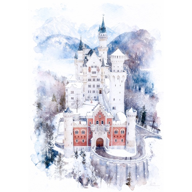 絵画(風景画) 冬 ドイツ 雪のノイシュヴァンシュタイン城 インテリアアート額付き 水彩画・油絵風 WAT0825