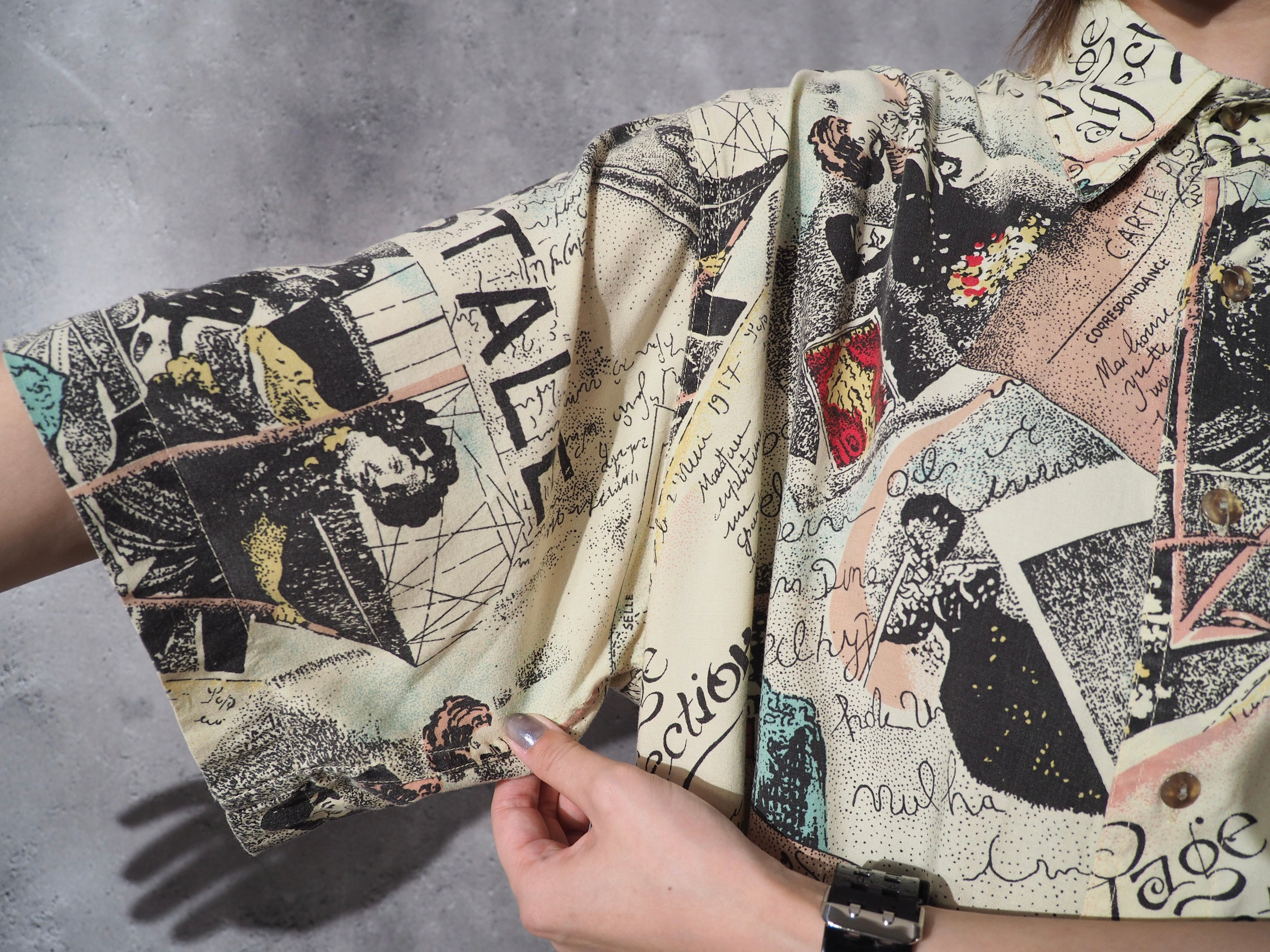 1980-90s letter paper art design vintage rayon shirt