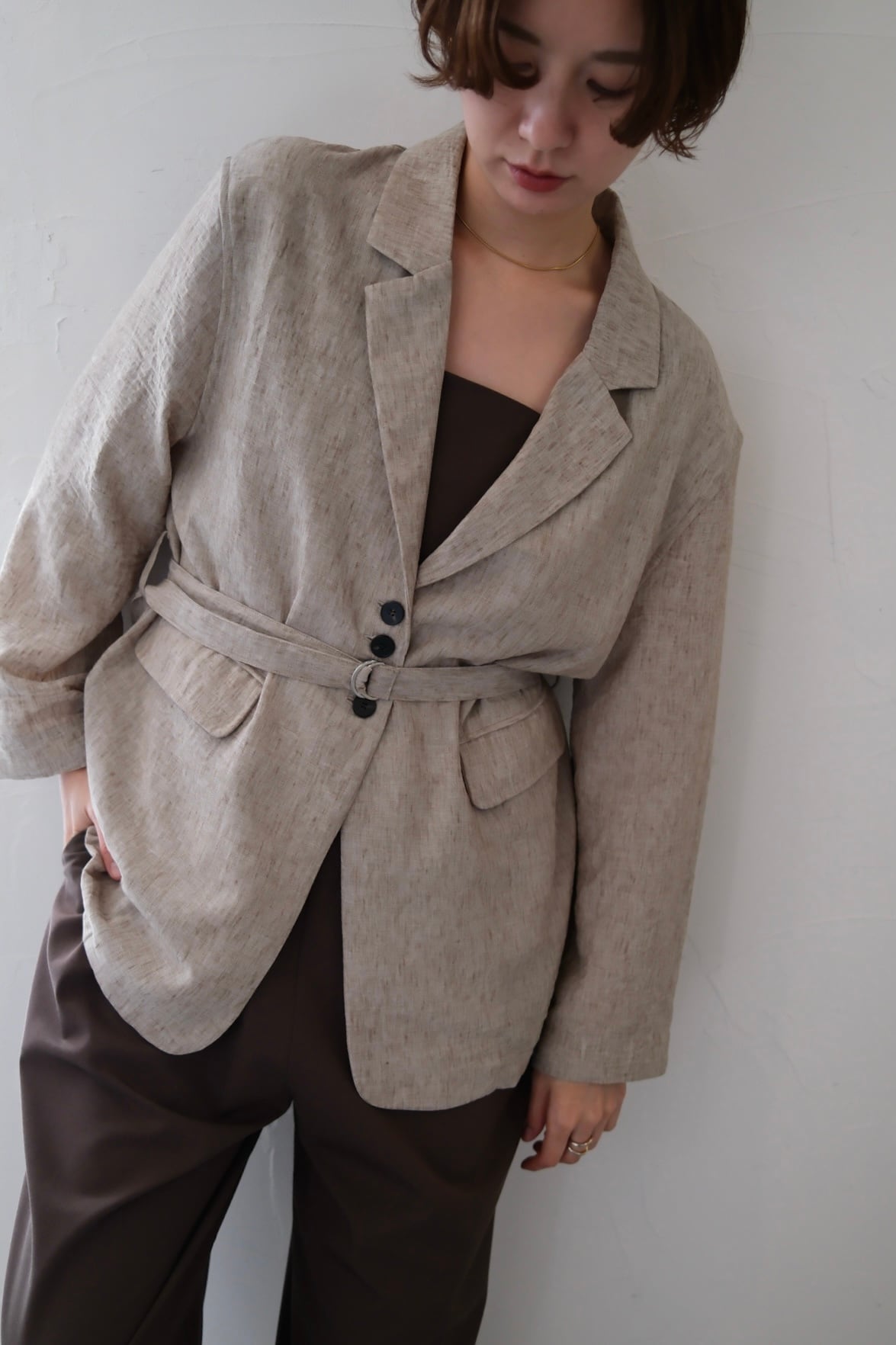 Linen Belted Jacket 麻見えテラーベルト付きジャケット Beige