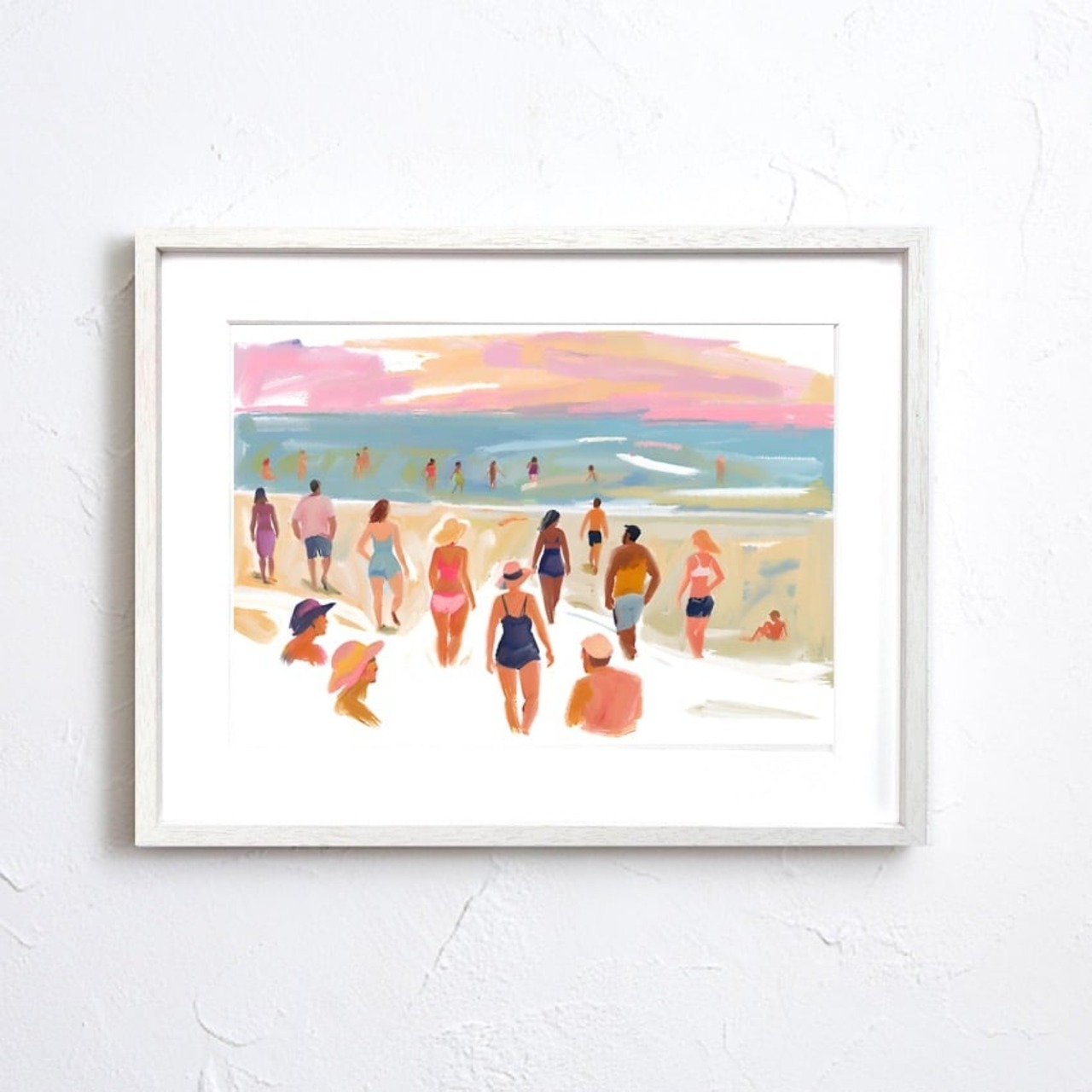 beach before evening｜夕暮れビーチを描くドローイングアート｜優しいピンクの空が映える癒しのインテリアポスター｜A4ポスター