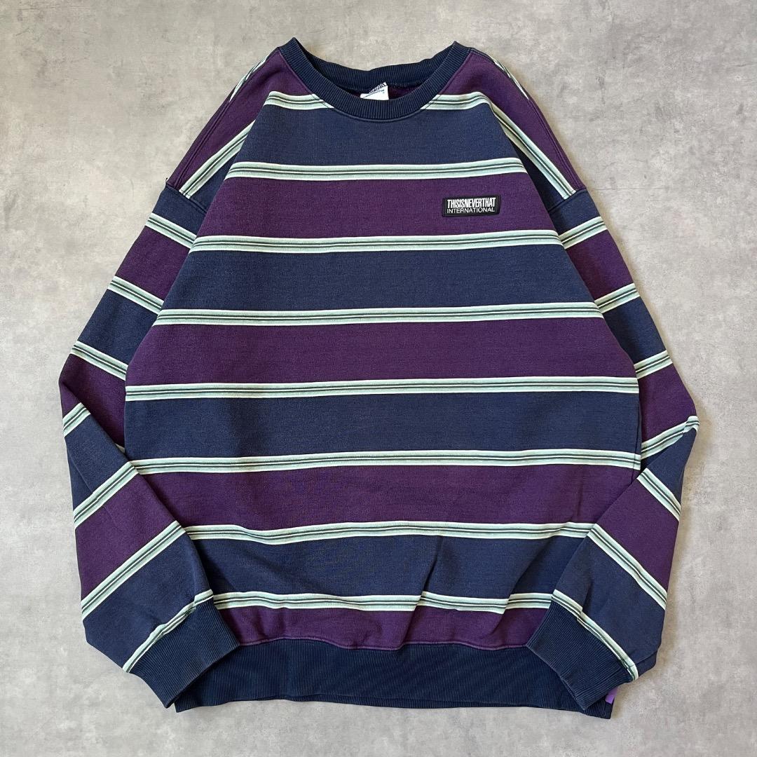 ディスイズネバーザット ネバザ スウェット 古着 ボーダー ロゴ L 紺 紫
