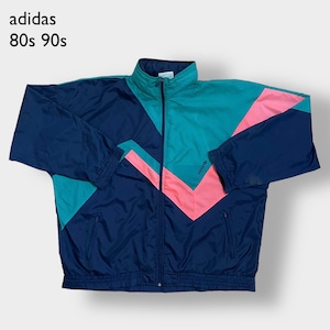 【adidas】80s 90s ジャケット ジャンパー ブルゾン XL ビッグシルエット 刺繍ロゴ フルジップ フード付き マルチカラー 切替 銀タグ 万国旗タグ アディダス US古着