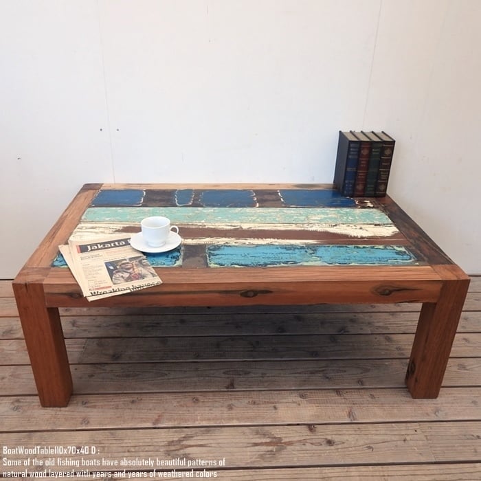 一点物 リサイクルウッドテーブル 110cmx70cmx40cm ボートウッド 船古材 ボート再生家具 古材 ローテーブル 机 ちゃぶ台 長方形 ログハウス リサイクルウッド リユース木材 アンティーク 無垢材 アジアン家具 ハンドメイド バリ家具 店舗什器 業販 卸 スーパーセール