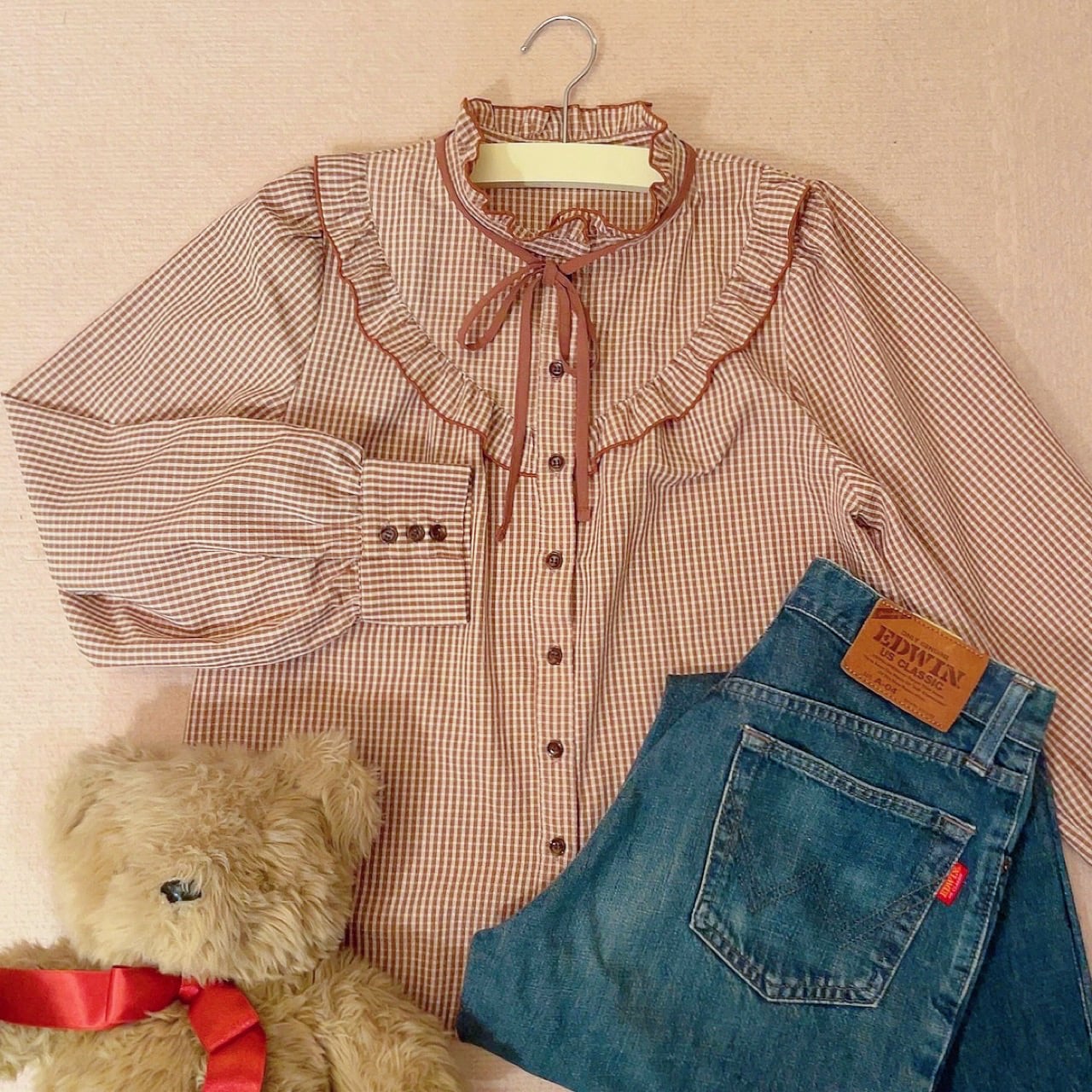 brown gingham check frill ribbon blouse