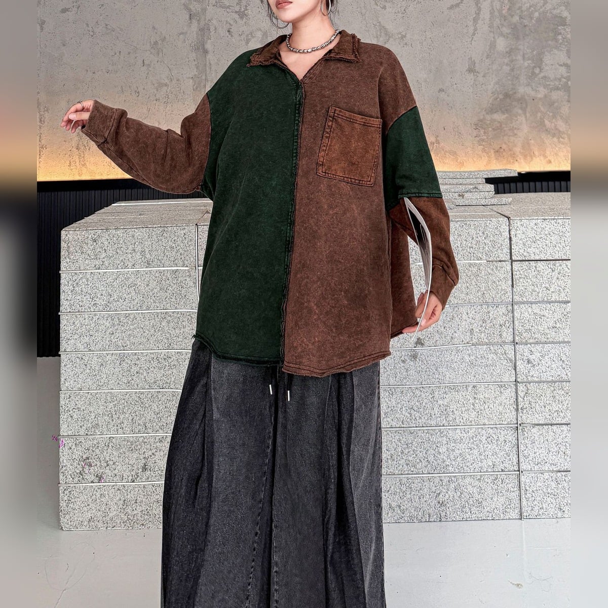 バイカラー 切り替え ウォッシュ加工 オーバーサイズシャツ 1color PU0512
