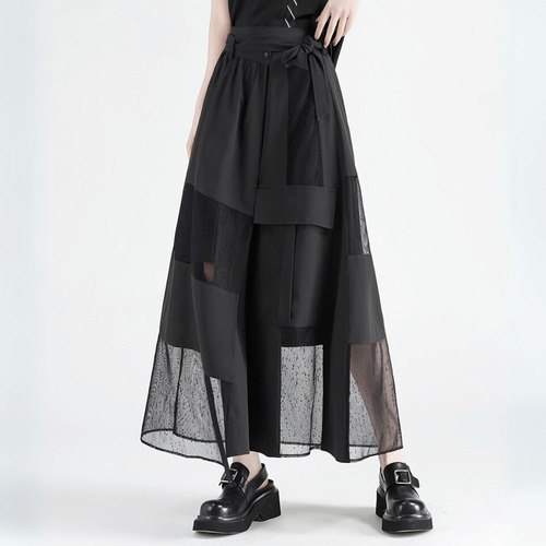 Mesh switch design maxi length wrap skirt C1074