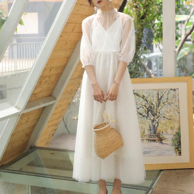 セットアップ レディース シースルートップス ロングワンピース ピュアホワイト 白 春 夏 純白 カシュクール お呼ばれ パーティードレス 上品 ハイネック 透け バルーン袖 Rx1110 Raxia ラクシア