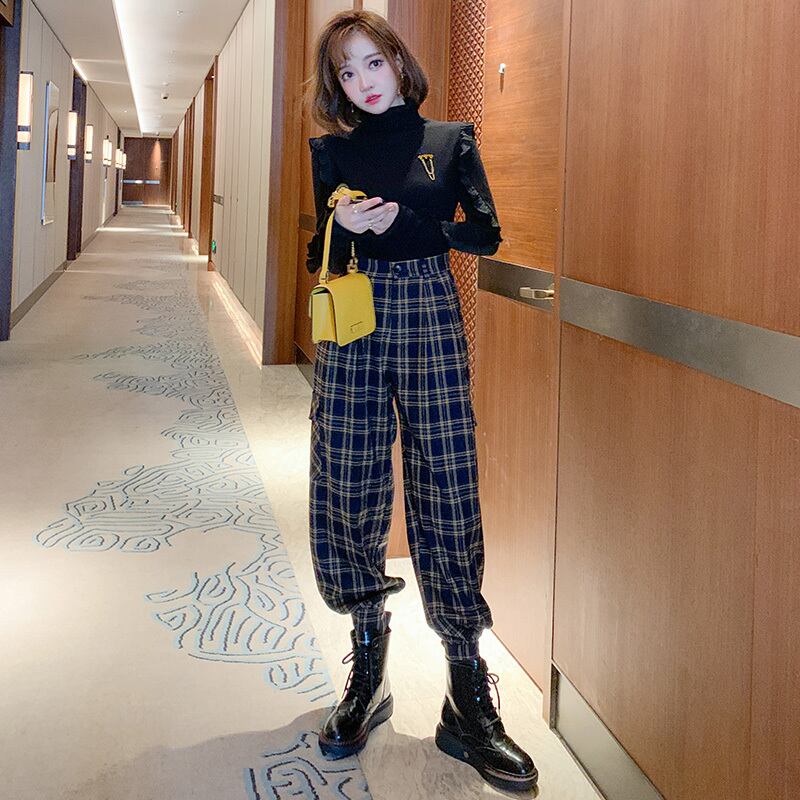 カラー格子柄ルーズ薄手ハイウェストカジュアルパンツ ウィンター 冬物 MIUCO45310897779