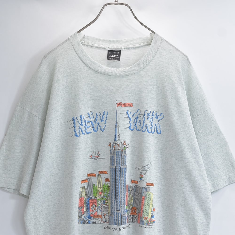 BORO 90s アメリカ製 FRUIT OF THE LOOM フルーツオブザルーム BEST Tシャツ 両面プリント コミカルイラスト ニューヨーク 霜降り アートT USED ヴィンテージ ビンテージ 古着 メンズ XL