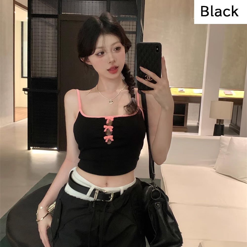 ブラックピンクリボンキャミソール | 韓国/ワンホンファッション通販