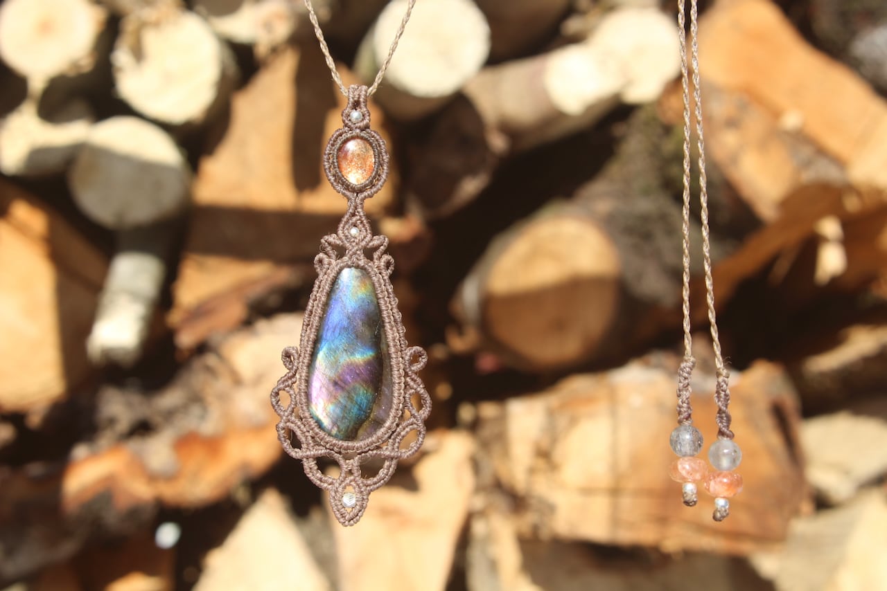 Multi Purple Labradorite & Sunstone micro macrame pendant