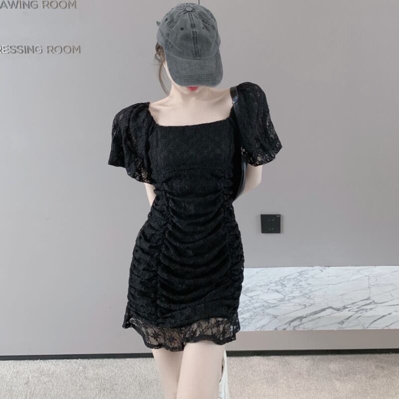 サマースタイル半袖スリーブスリムレースフローラルメッシュドレス レディース ショート ハーフスリーブ 夏物 花柄 スクウェア ハンチェンe61741598529