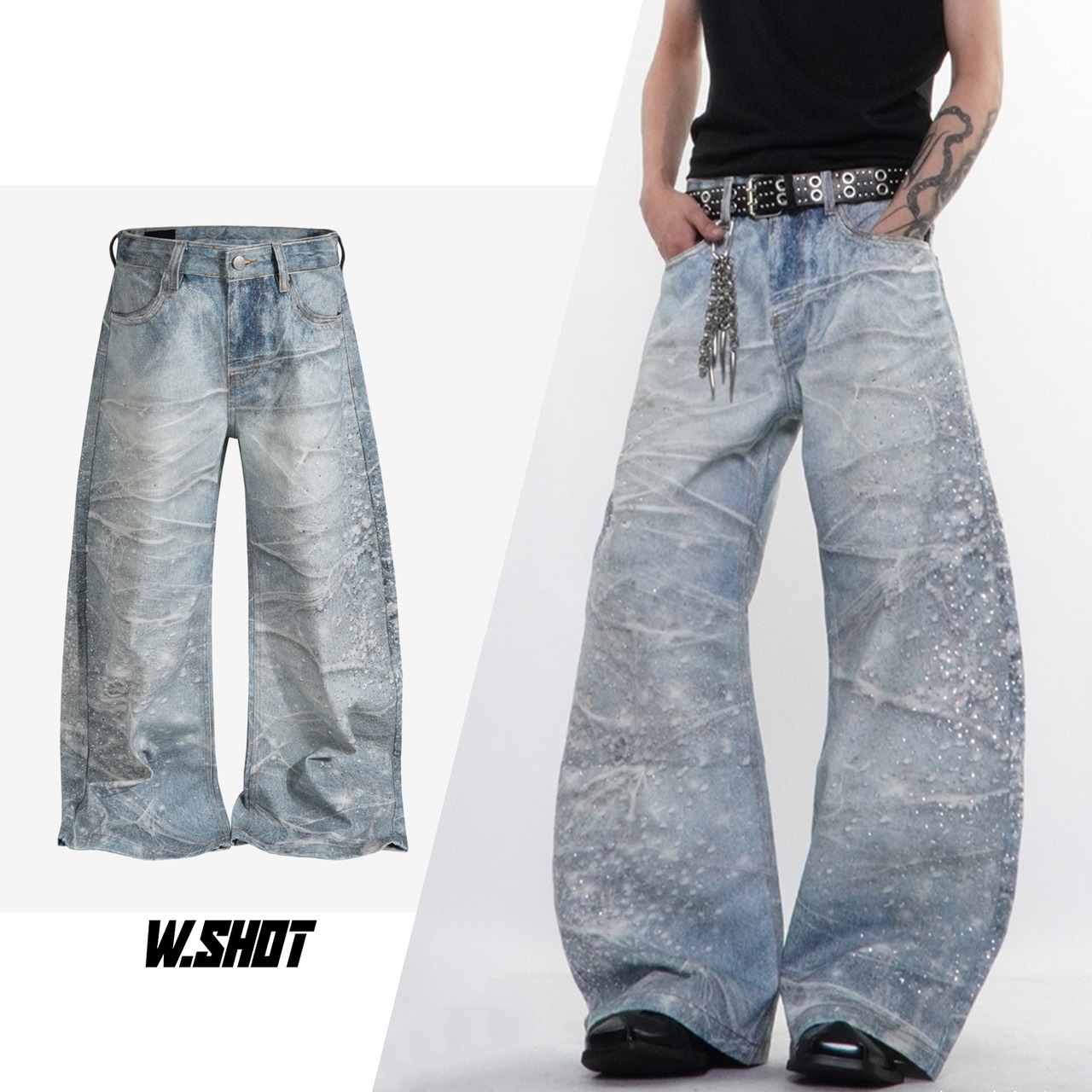 ストリート ウェーブラインストーン デニムパンツ P388