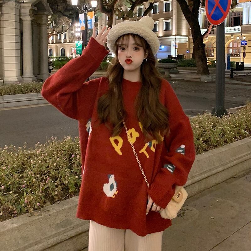 レッドセーター レディースルーズニットトップス オータム 秋物 ウィンター 冬物 YY-ファッション5020125140