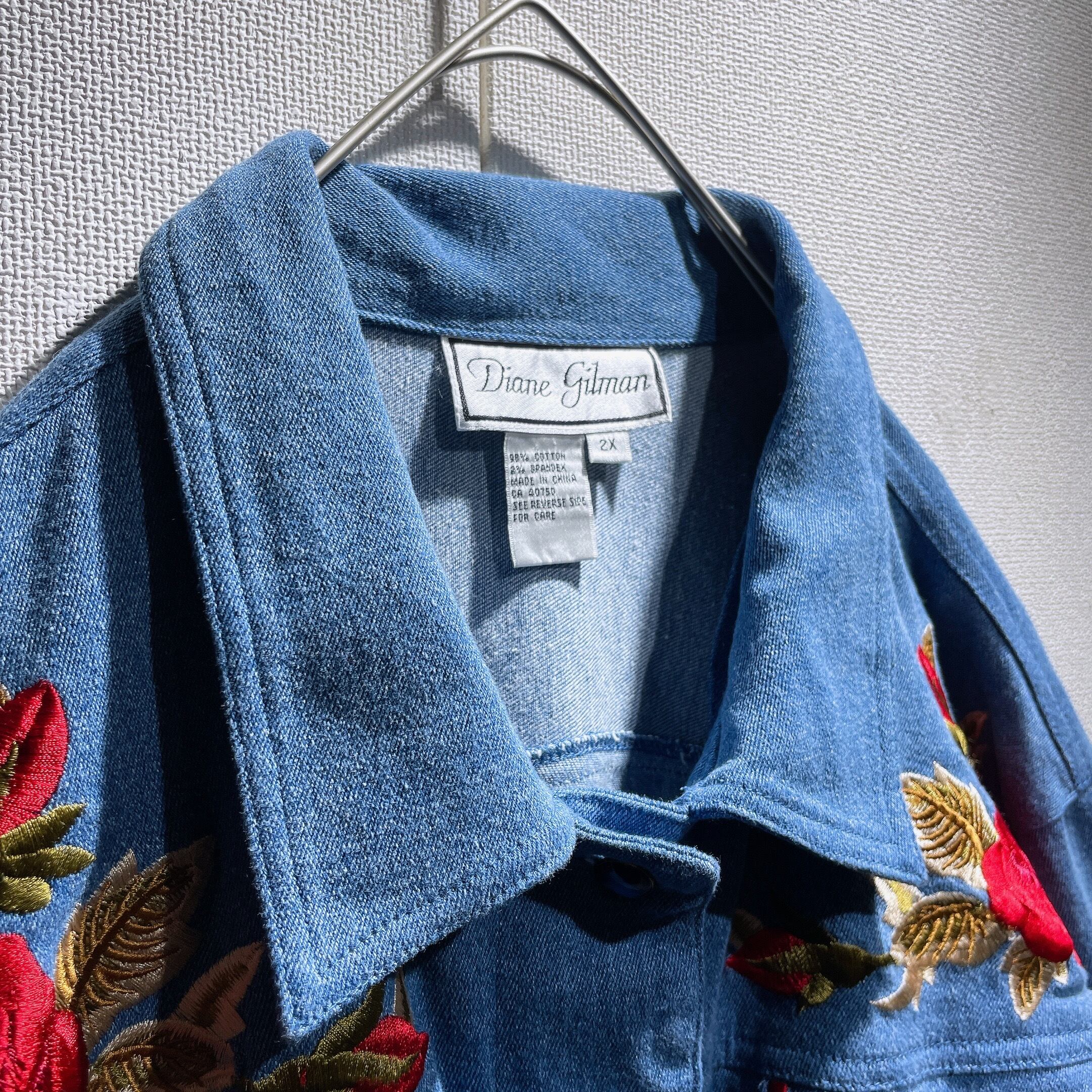 Beautiful Botanical flower embroidery vintage western denim shirt jacket