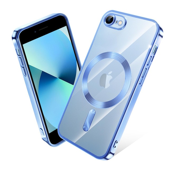 iPhone SE 第2世代 第3世代 ケース MagSafe対応 クリア iPhone 8 7 ケース メッキ加工 アイフォン SE3 SE2 スマホケース 耐衝撃 TPU ワイヤレス充電対応 いpほね se3/se2/8/7 カバー ストラップホール付き 薄型 透明 超軽量 黄ばみにくい 柔軟 滑り止め (ブルー)