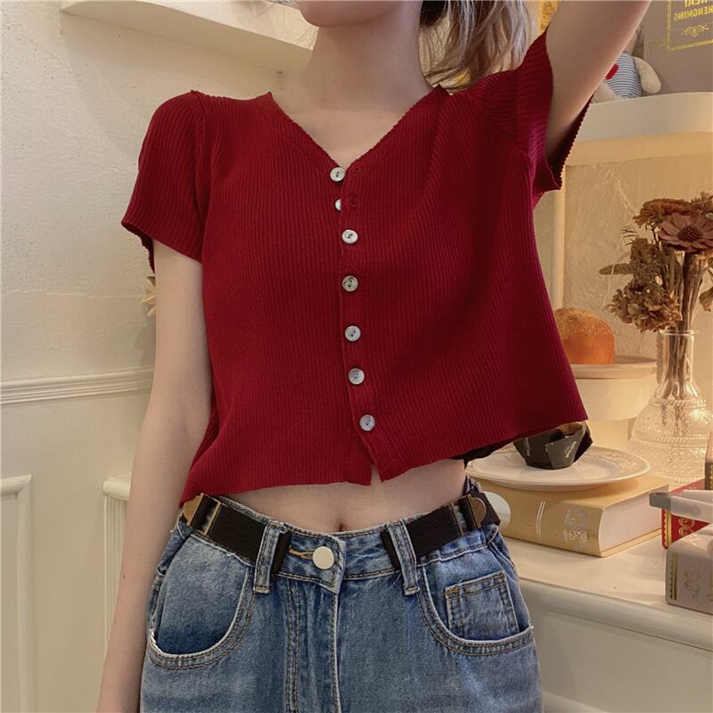 2020年春夏新作レトロスリムスリムセクシーショートVネックブラックニット半袖カーディガントップス婦人服 1号婦人44549178433