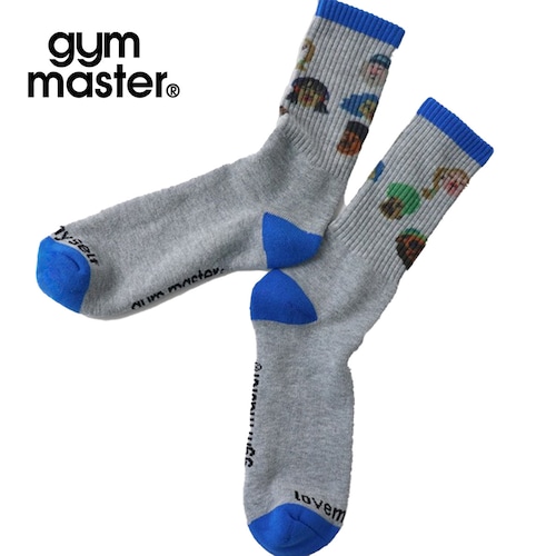 gym master ジムマスター 【LOVE MYSELF】スマイル総柄クルーソックス|ポップデザイン・配色リブ・男女兼用 G757728 杢グレー×ブルー