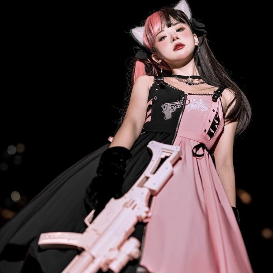 JSK バイカラー レースアップ ピストル 薔薇 アシンメトリー ガーリー