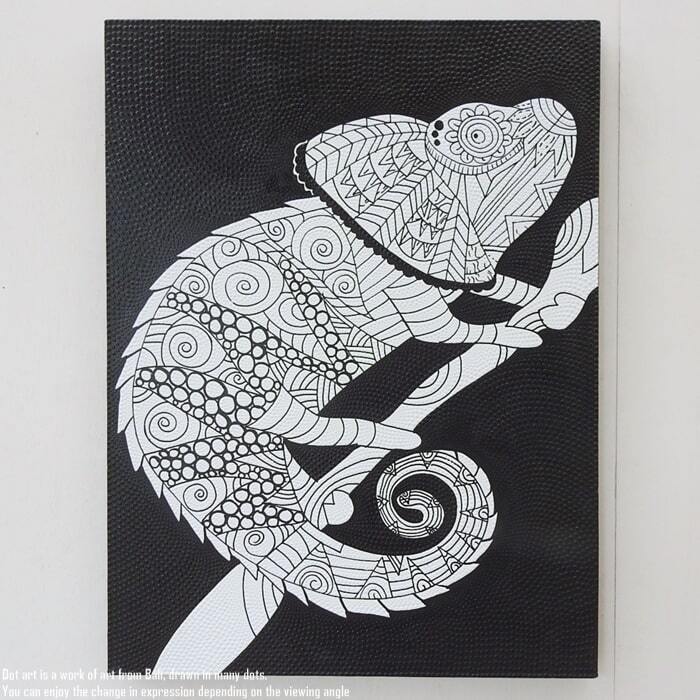 ドットアート 80cm × 60cm カメレオン ドットペインティング モダンアート アジアンアート 手描き 絵画 アートパネル バリ絵画 バリアート