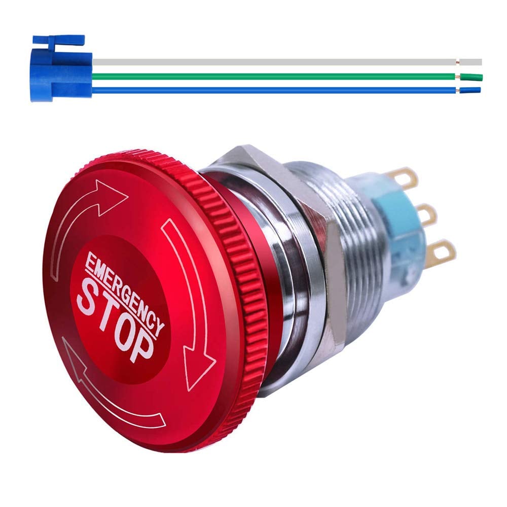 KILIGEN 22mm 12-220V 3Aラッチング非常停止押しボタンスイッチステンレス鋼メタル1NO 1NC追加接続プラグ