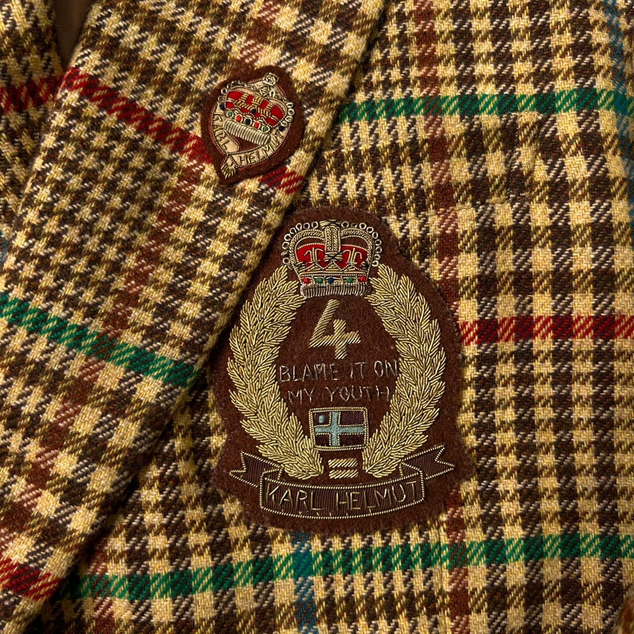 Karl Helmut カールヘルム ガンクラブチェック ワッペン付き 金ボタン 動物ボタン ダブル テーラードジャケット サイズ L