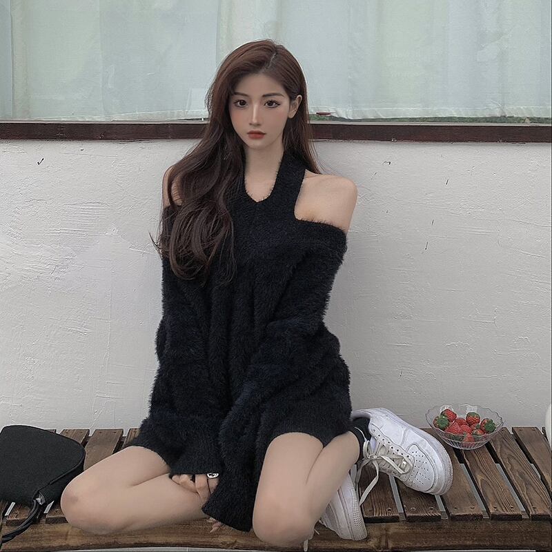 セーター ホルターワンショルダールーズブラックニットスプリング 春物 ブラックストロベリース8937631899