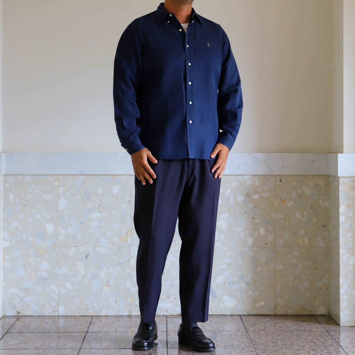 極美品】80s Ralph Lauren special linen silk shirt navy big size