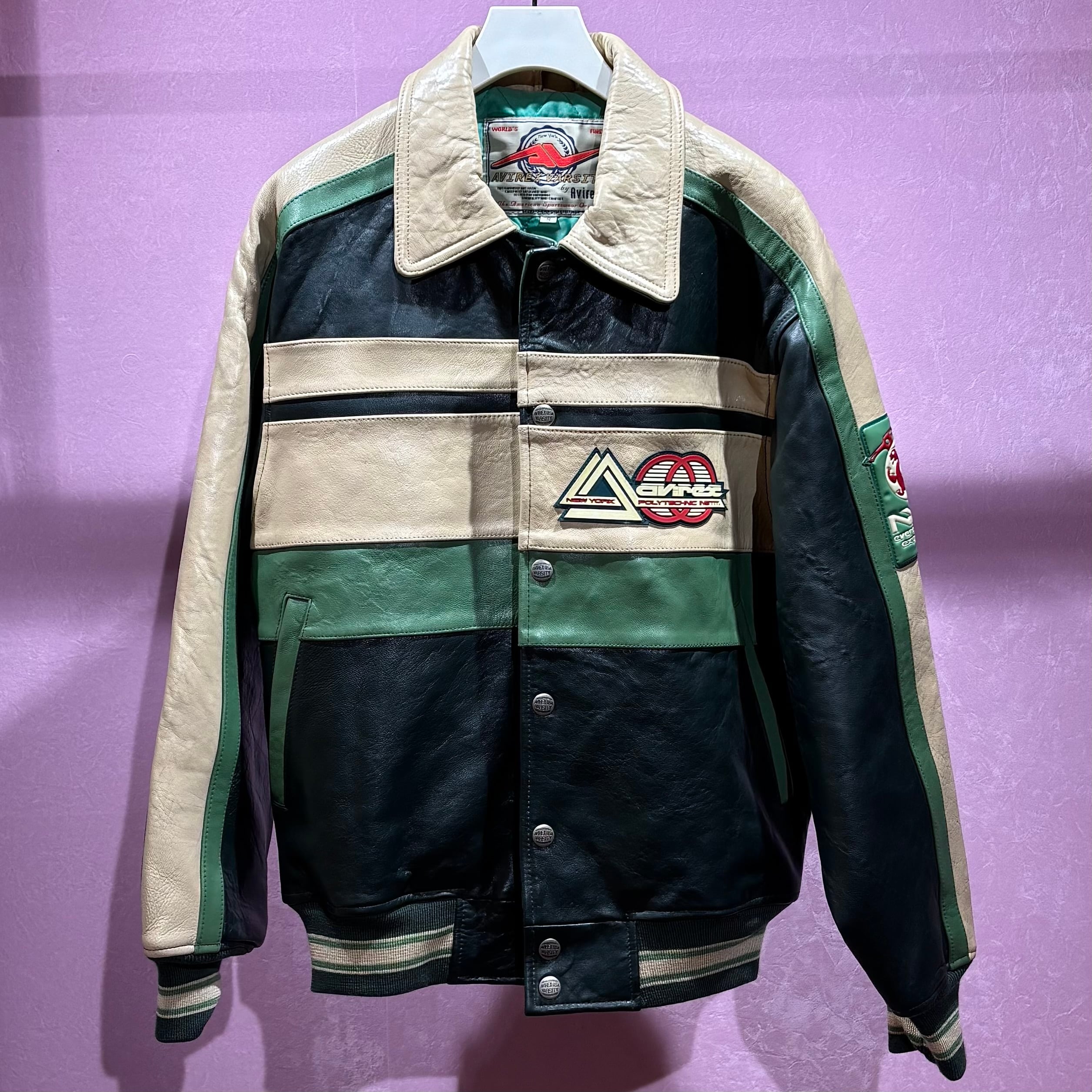 AVIREX USA VARSITY レザージャケット ブルゾン グリーン ベージュ 