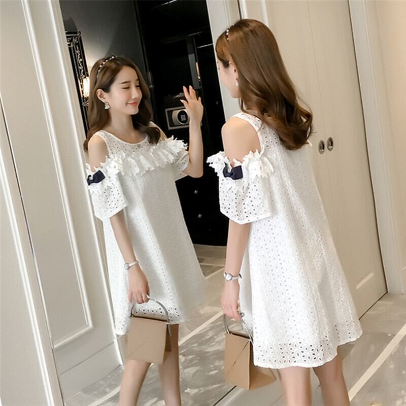 【新作】【送料無料】 妊娠中の女性のドレス夏のかぎ針編みのくり抜かれた純綿Aタイプの白いマタニティドレス ホワイト コットン サマー 夏物 ピュア AL expec362075464006