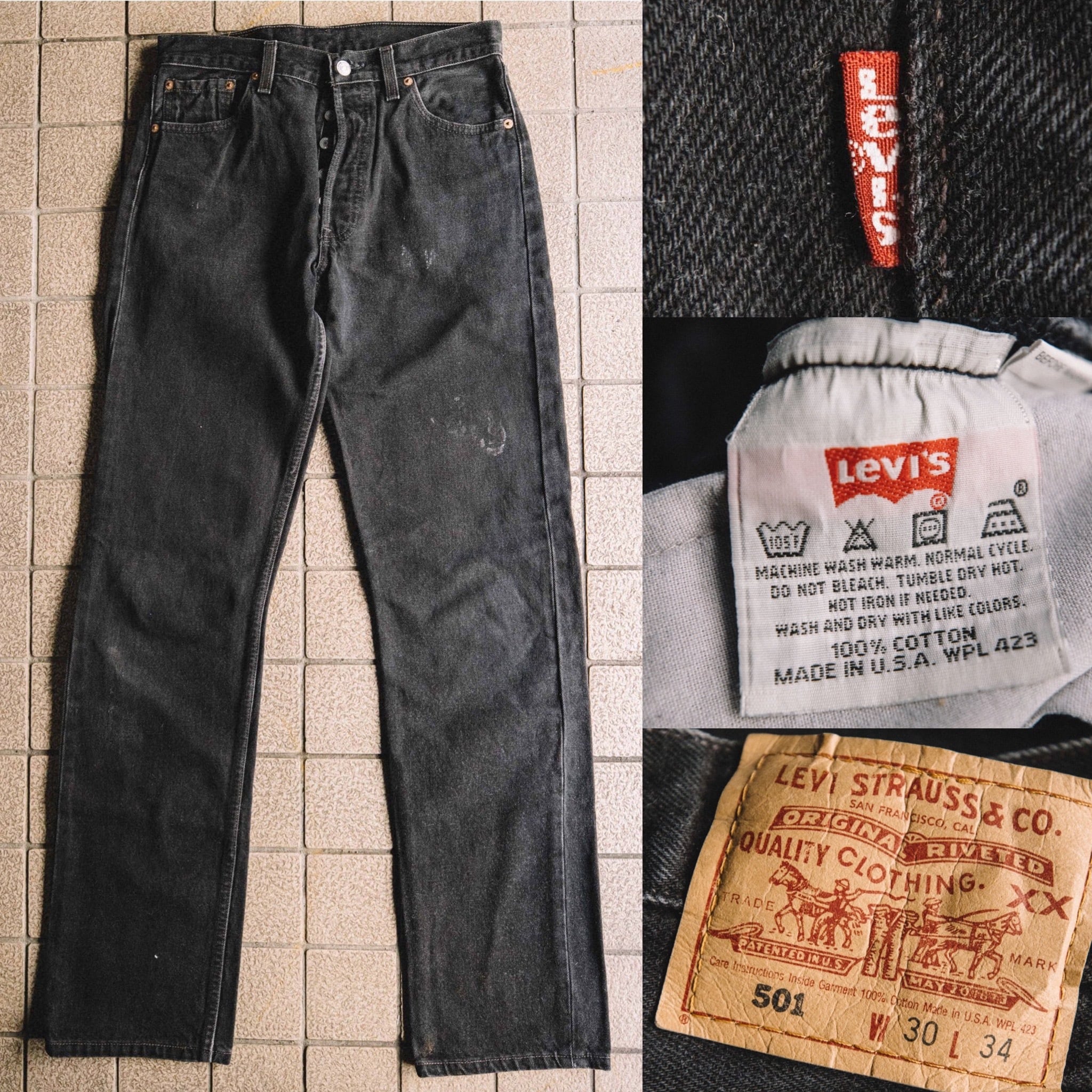 90's Levi's USA製 501後染めブラックデニム W30 L34(表記