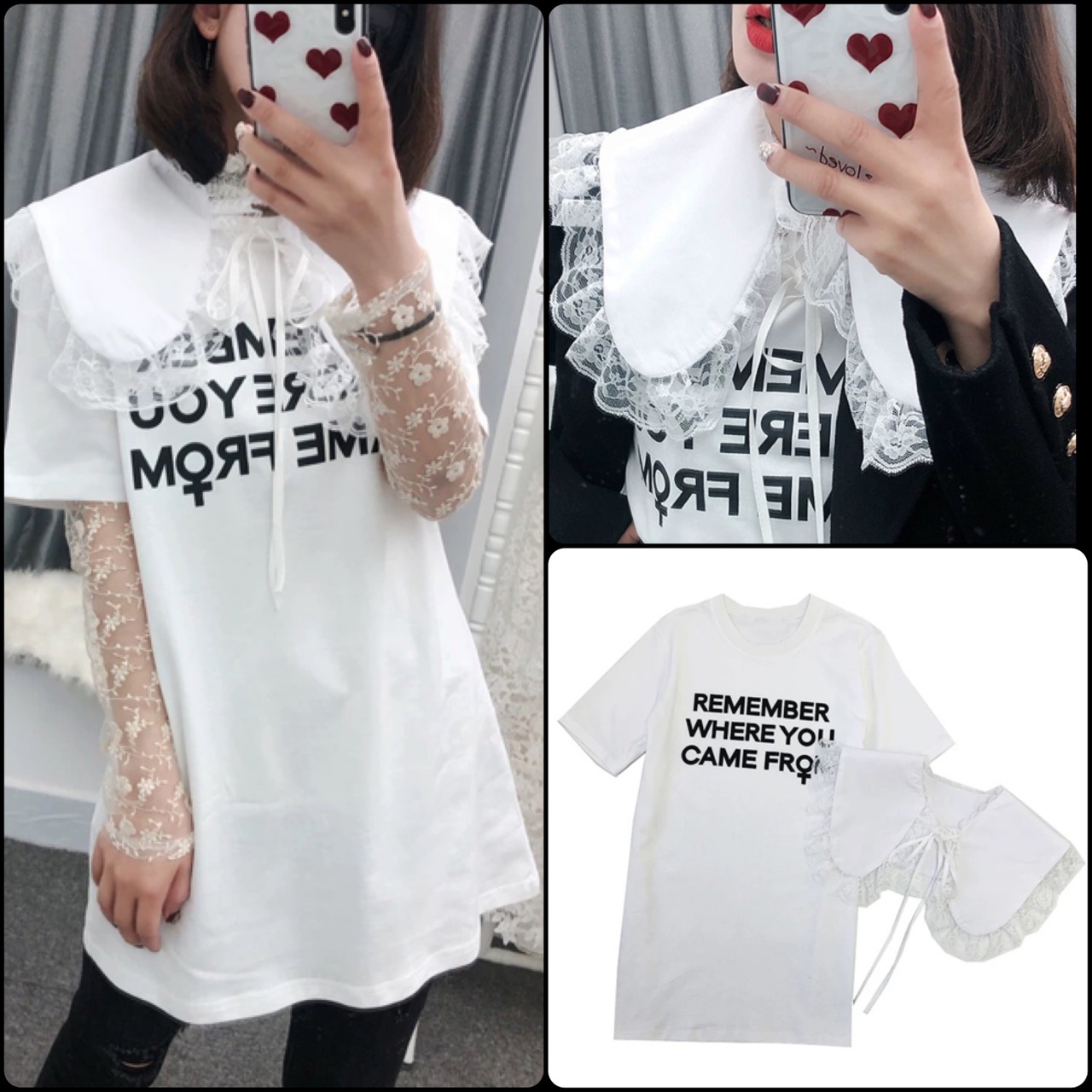 丸襟 デカ襟 トップス Tシャツ カジュアル 付け襟 白 ホワイト レース 
