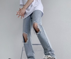 【韓国ファッション】ストリート ダメージ デニムパンツ スリムジーンズ