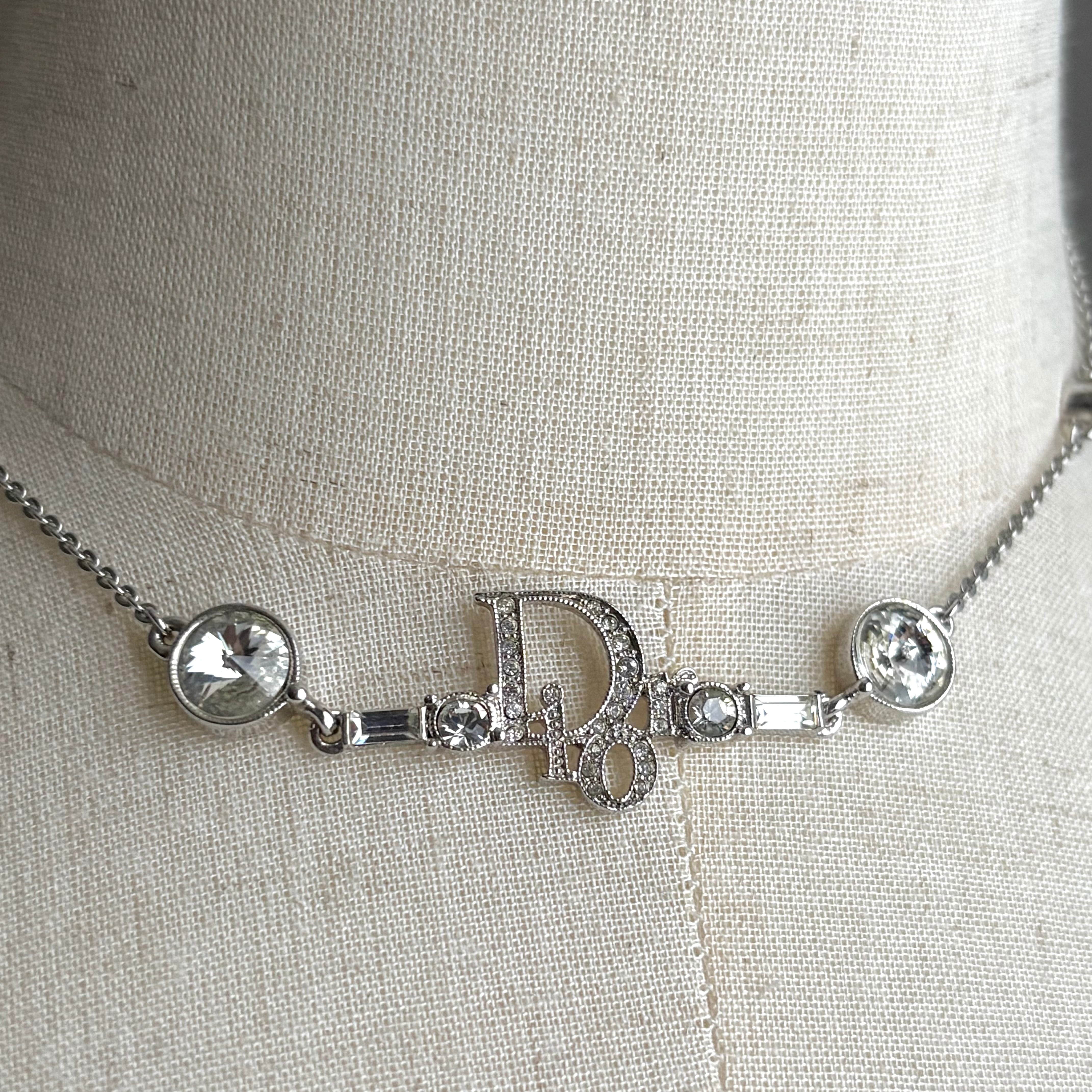 Christian Dior vintage rhinestone logo silver choker クリスチャン