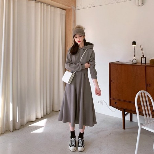 ロングワンピース ワンピース レディース カラバリ 3色 ブラック グレー キャメル ロング丈 カジュアルスタイル ウエスト フード付きワンピース 春 秋冬 新作 M L XL 2XL 大きいサイズ