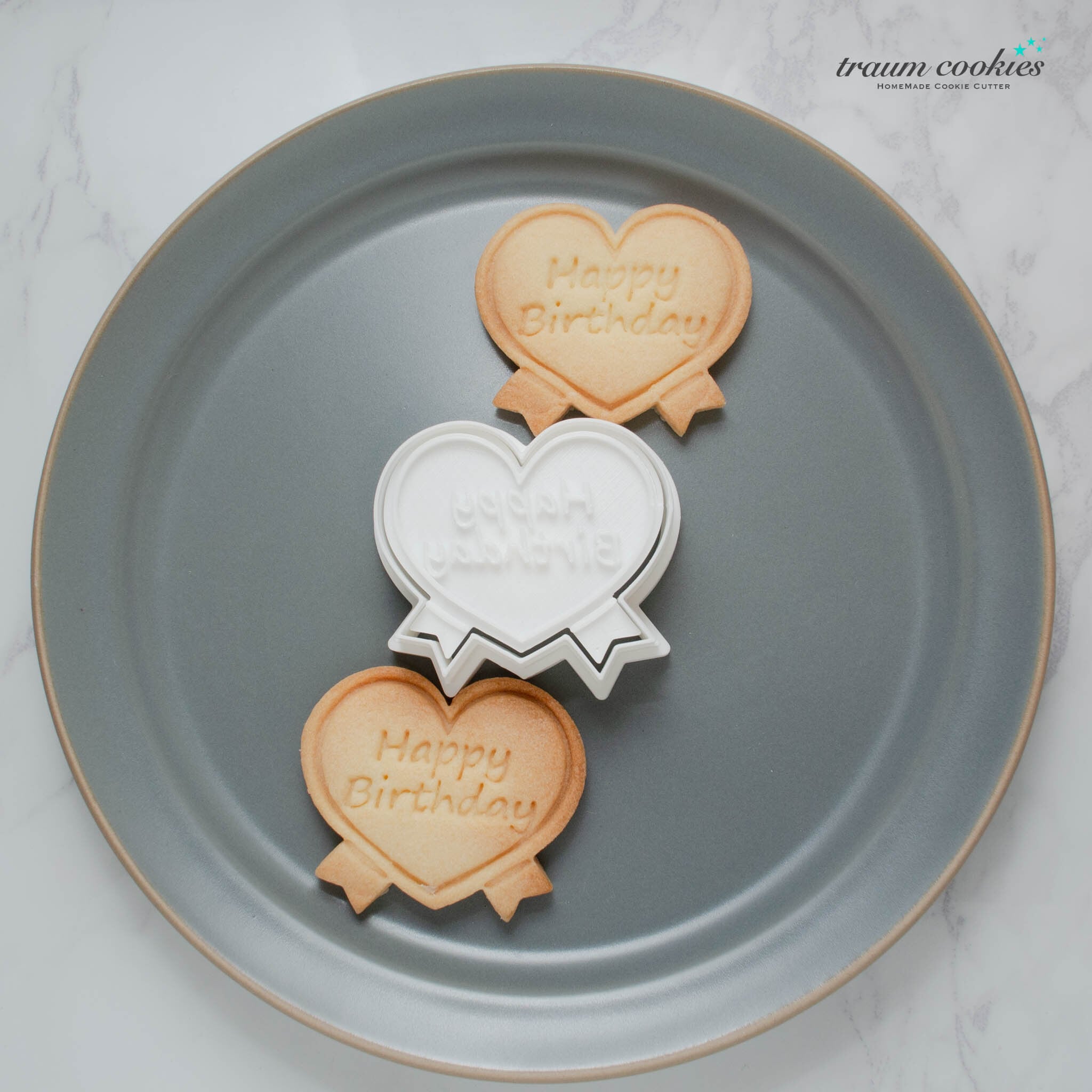 ハッピーバースデイなリボンハートのクッキー型(クッキースタンプ付き)
