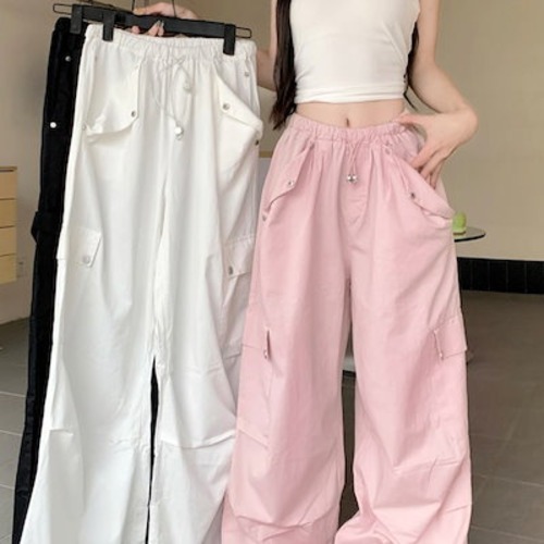 2024春夏パンツ カーゴパンツ ロング丈 ワイド ストレート ハイウエスト 美脚効果 脚長効果 細見え 夏 白 黒 おしゃれ かわいい 韓国ファッション レディース お出かけ