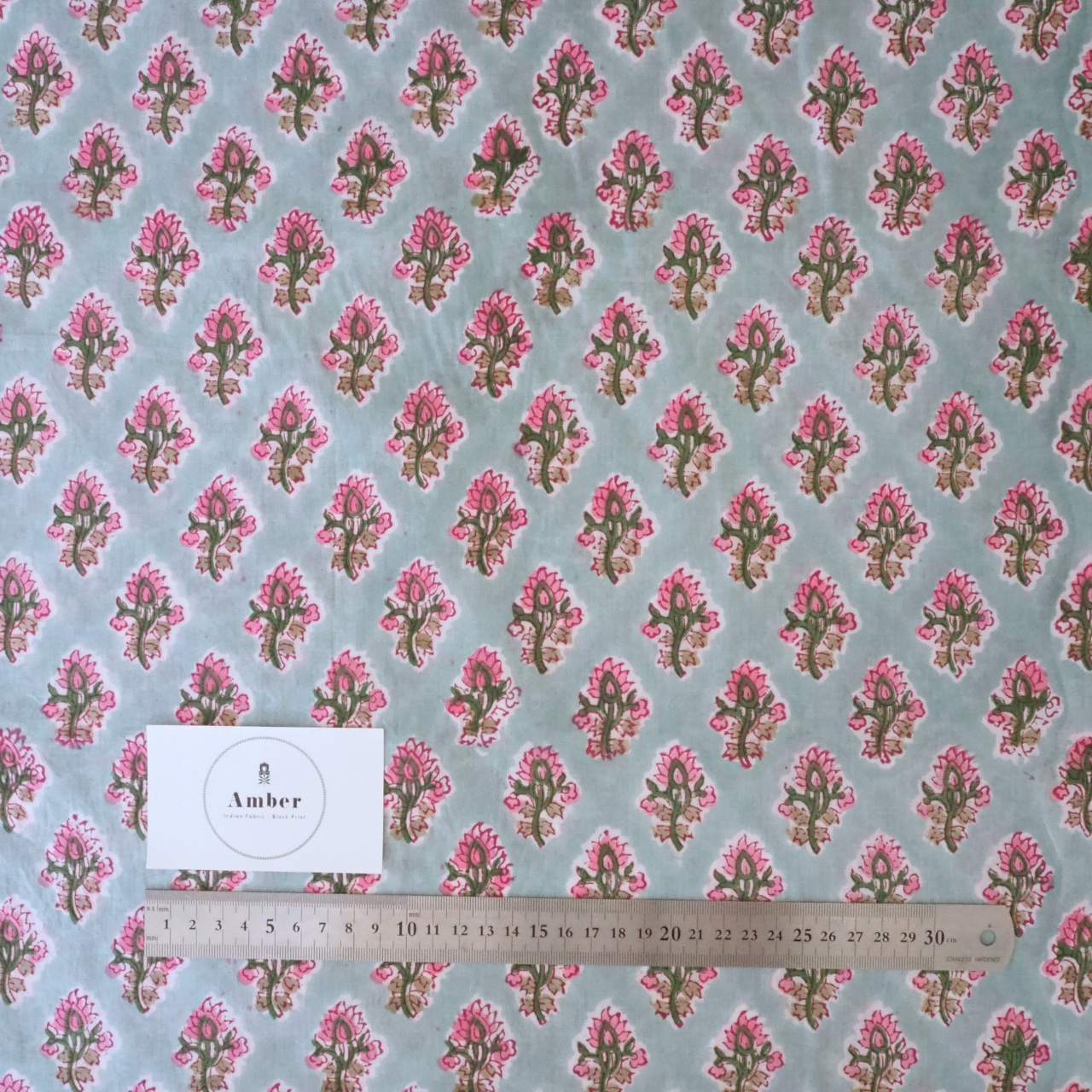 ブロックプリント生地【50cm単位】インド綿 小花柄 ブルーグレー×ピンク #36772-BL2