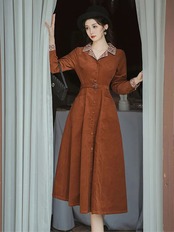 【0112】Waist Belt Retro Long Sleeve Dress