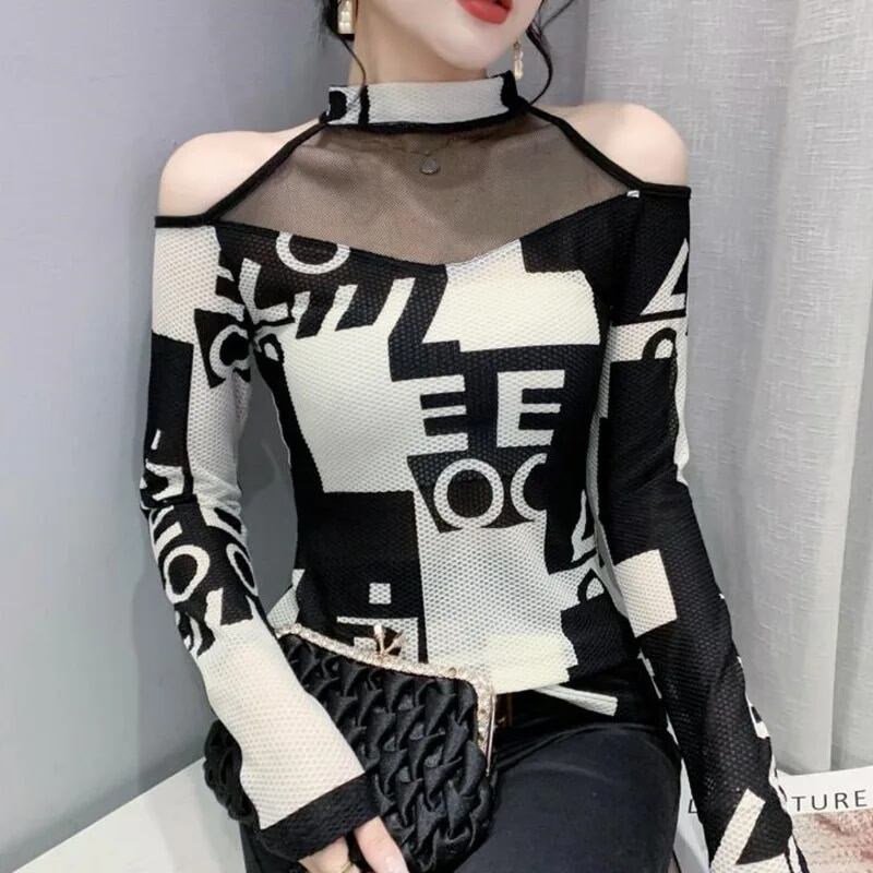 長袖プリントメッシュTシャツ #5767プリント女性用裸裸肩長袖薄い伸縮性ヴィンテージTシャツタートルネック