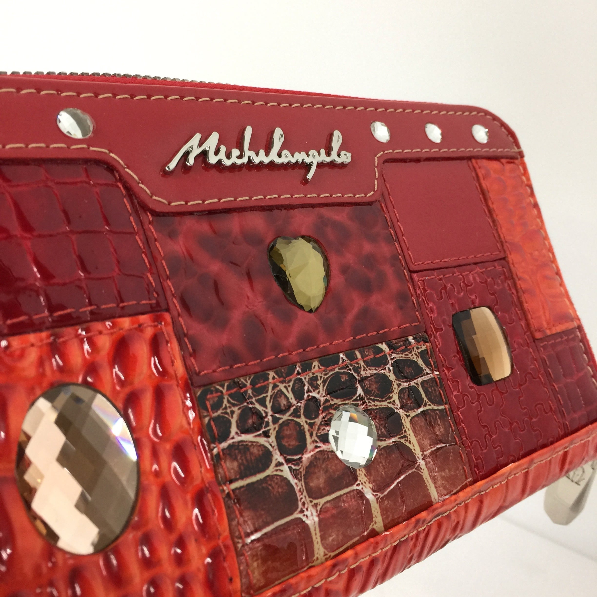 (ミケランジェロ)MICHELANGELO 型押しレザー エナメル長財布 /レッド/パッチワーク