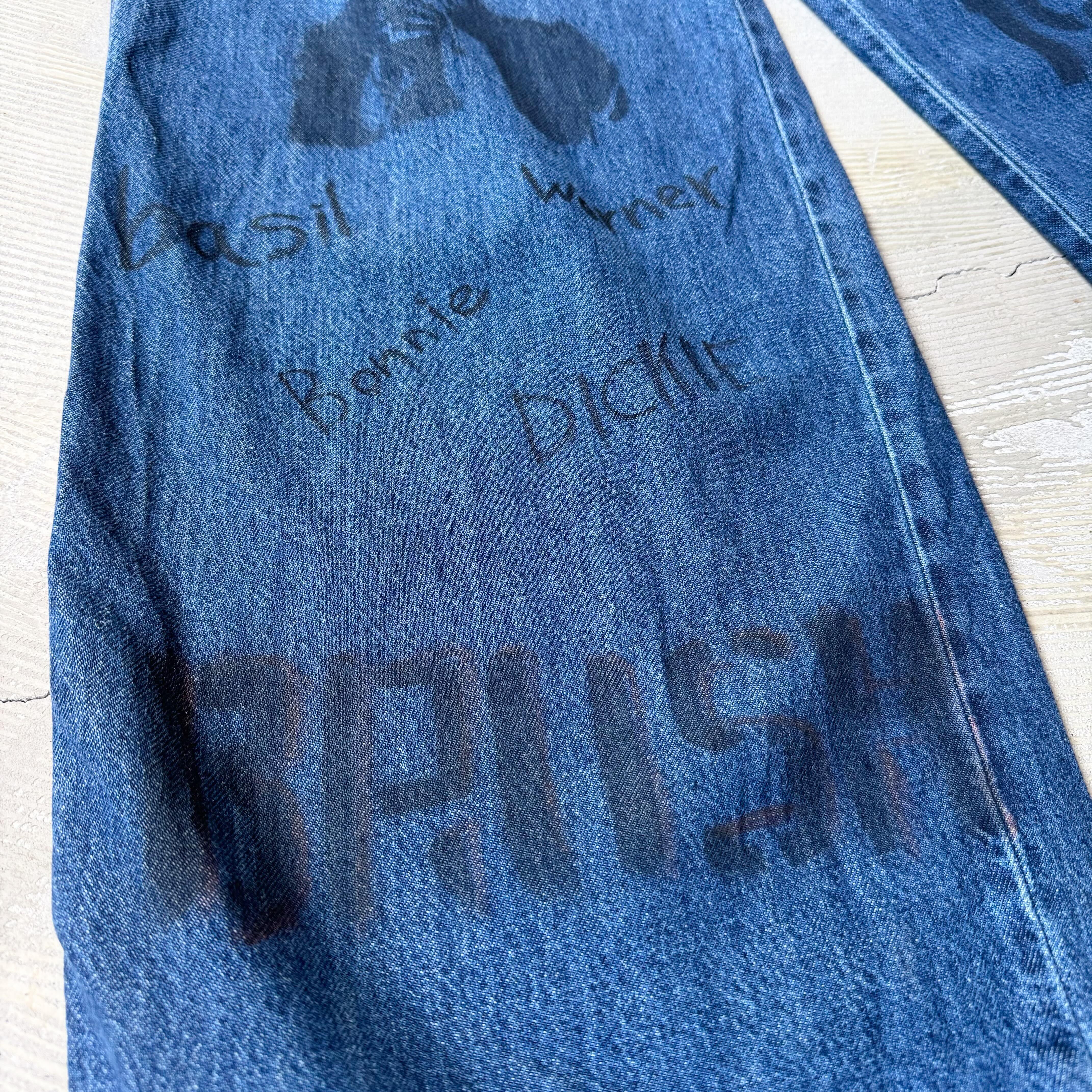 HAND PAINTED STENCIL MEMORIAL ART WIDE DENIM PANTS / ハンド