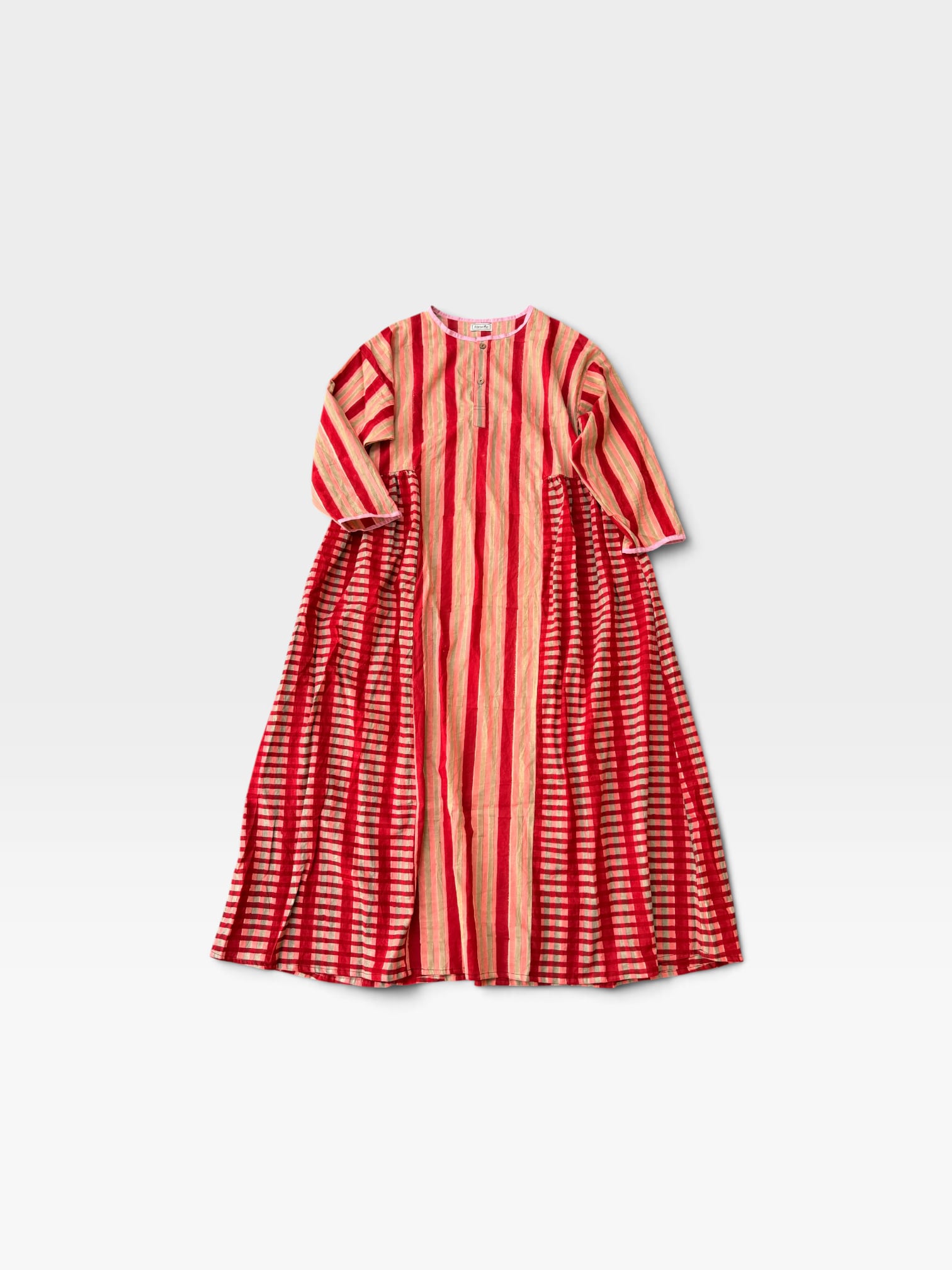 saruche ストライプとチェックのワンピース Pink Red Check