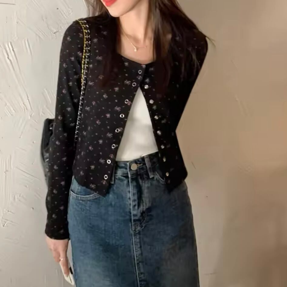 スクエアネックフローラルワッフルカーディガン