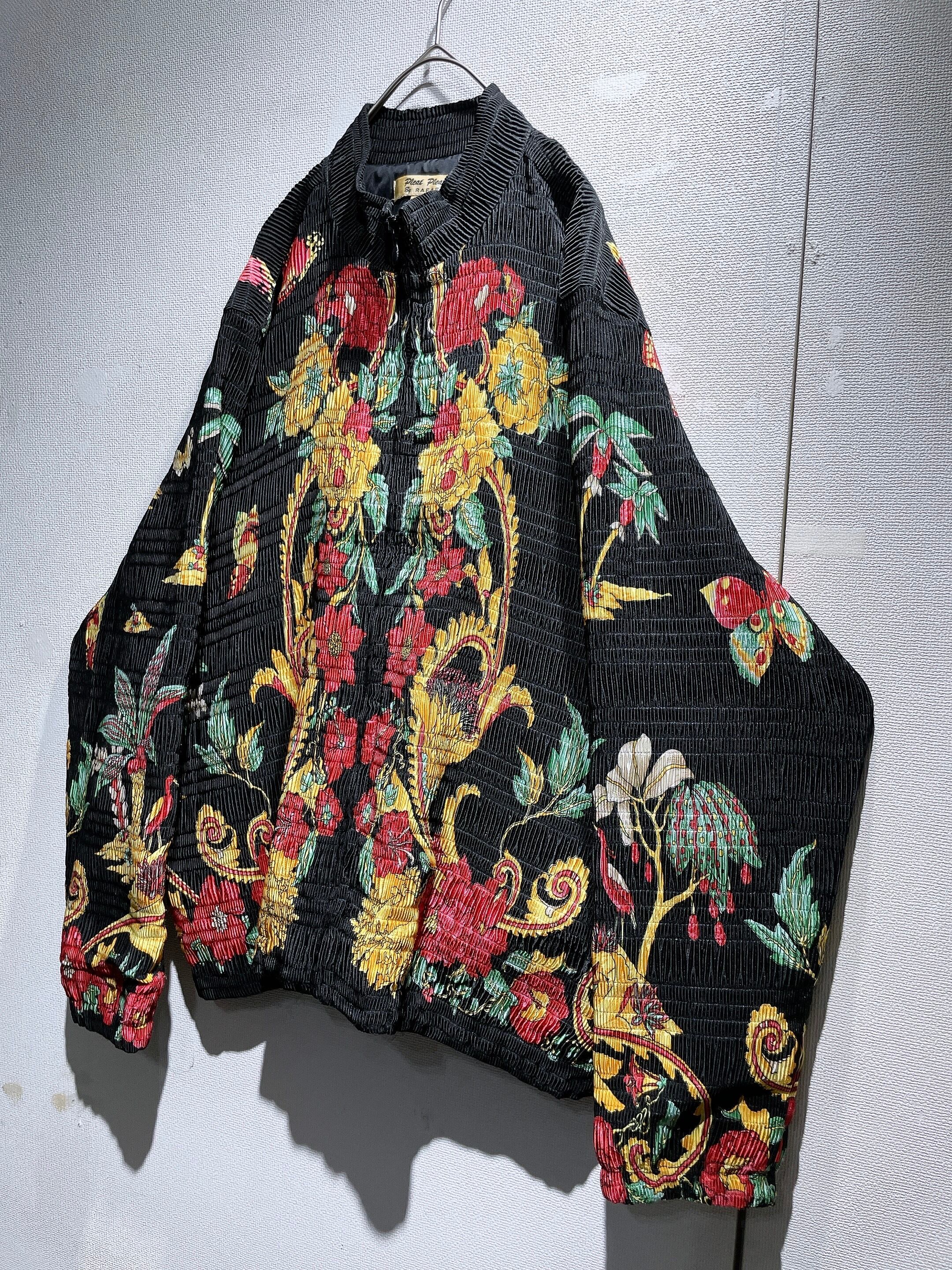 1990s ” pleat pleat ” Exotic Flower printed Black pleat zip jacket