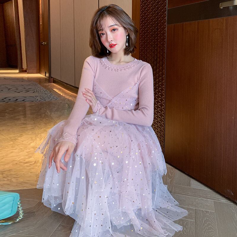 ニットスカート ドレス オータム ピンク 秋物 ステッチ MIUCO49533518201