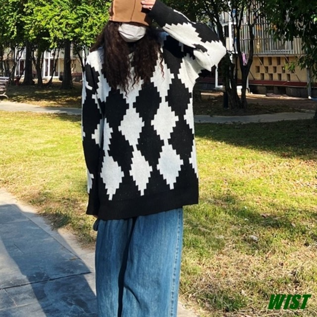 レディース トップス セーター ニット ひし形 長袖 白黒 モノトーン グリーン オルチャン 韓国ファッション 466