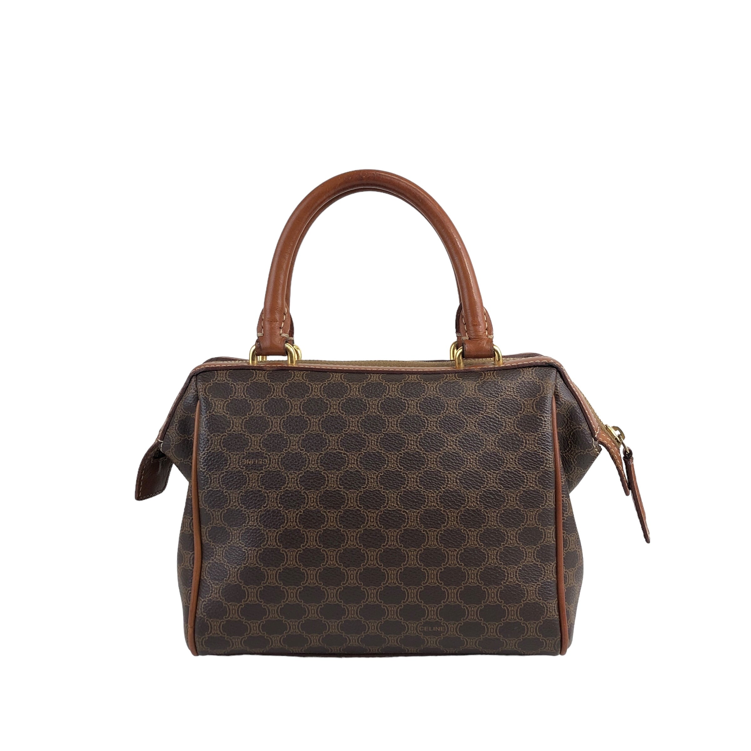 セリーヌ マカダム スエード ハンドバッグ ミニボストン馬車 ブラウン レザー セリーヌ マカダム スエード ハンドバッグ ミニボストン馬車 ブラウン