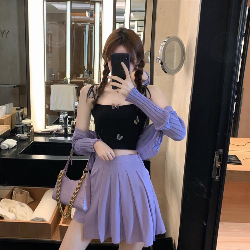 ちょう結びの黒の小さなキャミソールの女性の夏のタイトフィットアウターウェアノースリーブショートジャケット ブラックストロベリース53828569994