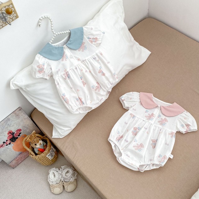 【BABY】風船くまプリントうさ耳襟半袖ロンパース - 10